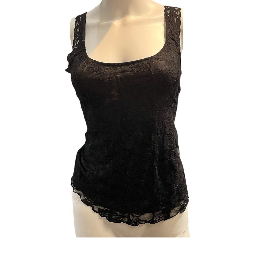 Vintage Y2K Tank Top Black Lace Overlay Fitted S Whimsigoth Fairy Vamp Witchy